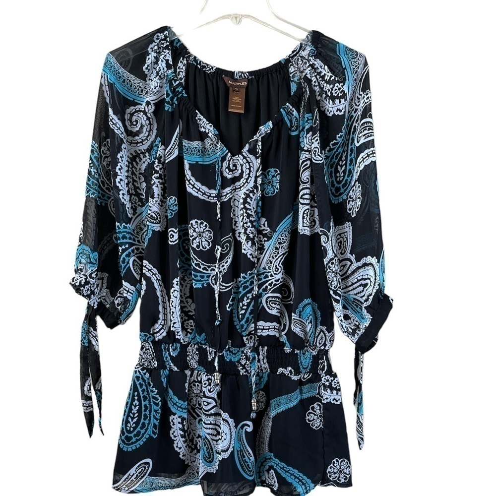 Multiples sheer tunic shirred elastic waist fully lined size M 3/4 sleeve